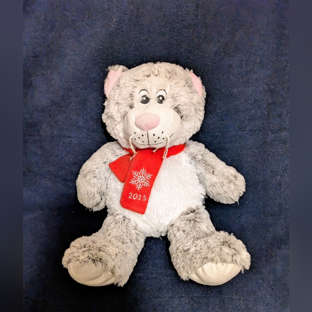 Plush Teddy Bear Gray White with Red Scarf 2015 Scarf Can Be Removed